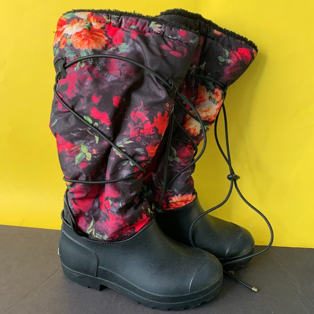 DIRTY LAUNDRY SNOW RAIN BOOTS Duck Boots Size 6 Floral Winter  Black Multicolor